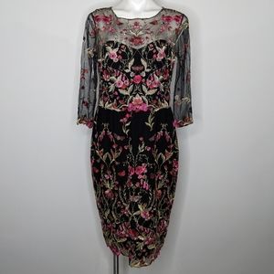 Marchesa Notte black pink red floral embroidered midi dress 14